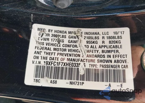 2017 Honda Civic Ex-L from USA, damaged, VIN 19XFC1F7XHE033506